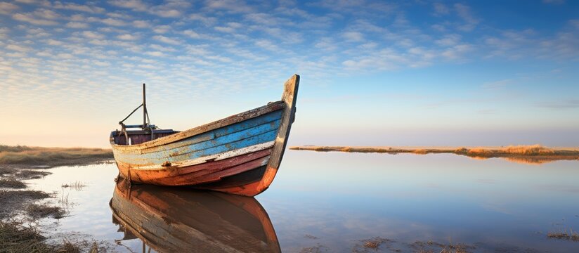 Morning light on an aging boat in Norfolk England s Thornham harbor With copyspace for text