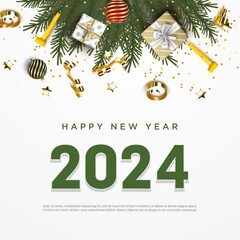Happy New Year 2024. festive realistic decoration with green number 2024. Celebrate party 2024 on square background