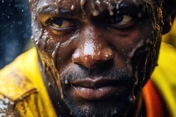 Construction worker drenched in sweat. - obrazy, fototapety, plakaty