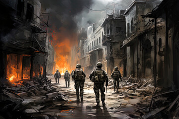 Naklejka premium Generative AI illustration of Israeli soldiers patrolling the Gaza Strip
