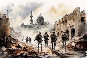 Generative AI illustration of Israeli soldiers patrolling the Gaza Strip - obrazy, fototapety, plakaty