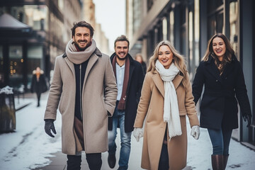 people walking in the city on winter seasonal - obrazy, fototapety, plakaty