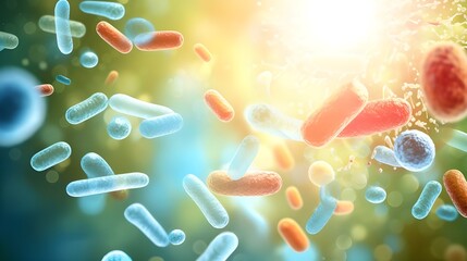 bacteria and multicolor microbes microbiome health benefits bokeh background - obrazy, fototapety, plakaty