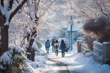 group of students walking on winter seasonal to school - obrazy, fototapety, plakaty