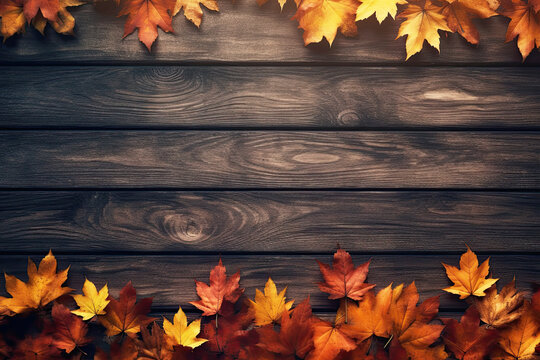 Autumn maple leaves on wooden background