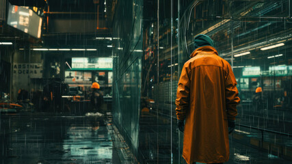 Fototapeta premium cyberpunk, orange and green colors, cinematic Man in raincoat in the city at night.