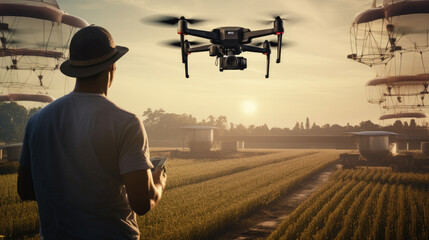 Drone spraying field Generative Ai - obrazy, fototapety, plakaty