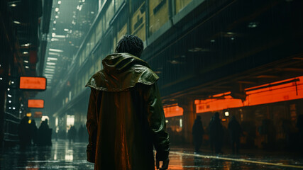 A young man in a raincoat walking in the city at night