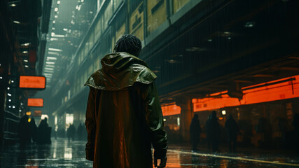 Obraz premium A young man in a raincoat walking in the city at night