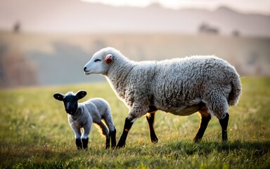 Obraz premium Sheep with lamb- Generative AI