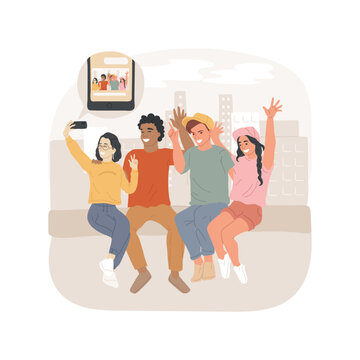 Sending pictures to friends isolated cartoon vector illustration. Group of teenagers sitting together and taking selfie, sharing photos with friends, digital lifestyle vector cartoon.