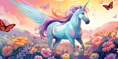 Obraz na płótnie Canvas In the Heart of Faerie: The Unicorn's Sojourn Amongst Fluttering Butterflies and Lush Flowers background ai generated