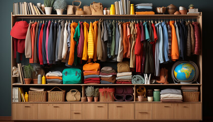 Large collection of clothing hanging neatly in a modern closet generated by AI