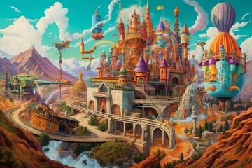 Colorful amusement park featuring trains, tunnels, planes, ferris wheel, landscape, castle, towers, and mountains. Generative AI