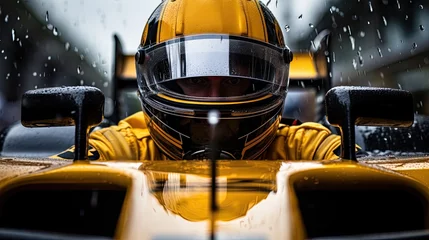 Keuken spatwand met foto Rainy day. Focused and concentrated man, professional car races in helmet sitting in car, ready to go. Concept of motorsport, racing, competition © master1305