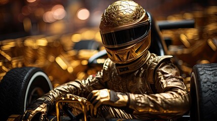 Racer in golden uniform and helmet sitting in racing car, preparing for a ride. Winner. Concept of motorsport, racing, competition