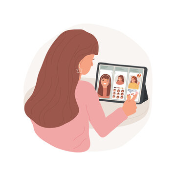 Avatar creator isolated cartoon vector illustration. Happy teen girl with self-portrait on device screen, creating avatar using tablet, emoji maker app, social media addiction vector cartoon.