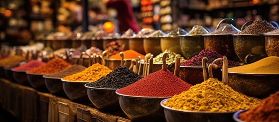 Egyptian Bazaar in Istanbul offers a wide selection of ready to sell spice varieties including different peppers With copyspace for text - obrazy, fototapety, plakaty
