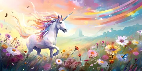 Obraz na płótnie Canvas Unicorn's Dream: A World of Butterflies and Flowers Mystical Unicorn in a Meadow of Blossoms and Butterflies background ai generated