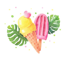 Color Ice cream with tropical leaves, illustration in watercolor