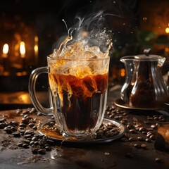 In a moody cafe setting, a hot cup of coffee takes center stage against a dark background. As a rich, aromatic cappuccino is poured into the cup, an action shot captures the dynamic moment.