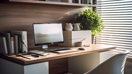 A Futuristic Approach: The Modern Computer Desk in a Cutting-Edge Home Office background ai generated