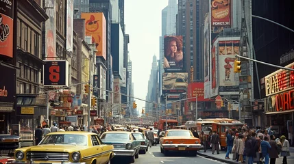 Acrylglasbilder New York TAXI Vintage retro city with skyscraper vehicles and pedestrian with advertising sign board. Generative AI  © pitipat