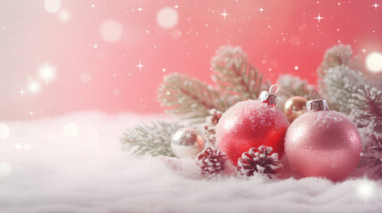 Naklejka na ściany i meble Christmas snow background with red balls. Banner Merry Christmas, Happy New Year.