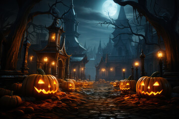 Jack O' Lanterns Glowing In Fantasy Night. Halloween Background. Generative Ai.