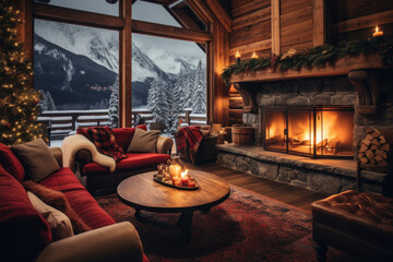  Christmas on a Snowy Mountain Cabin - obrazy, fototapety, plakaty