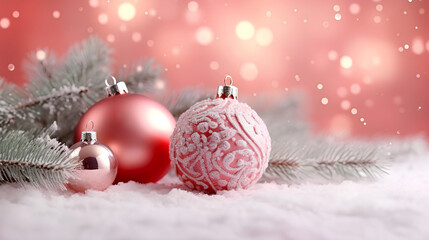 Naklejka na ściany i meble Christmas snow background with red balls. Banner Merry Christmas, Happy New Year.