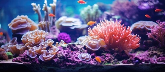 Aquariums house anemones and offer diverse marine species for educational purposes With copyspace for text