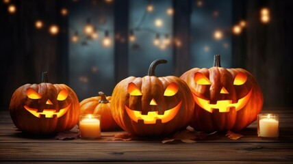 Fototapeta premium Three jack-o-lanterns creepy pumpkins on a wooden dark table with candles, providing a warm and inviting glow with magic bokeh lights on background, perfect for Halloween greeting cards and banners.