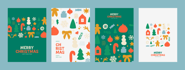 Fototapeta na wymiar Merry Christmas and Happy New Year posters. Vector illustration with modern Christmas flyers with hand drawn doodles. Set of greeting cards, posters, covers for branding of Christmas and New Year.