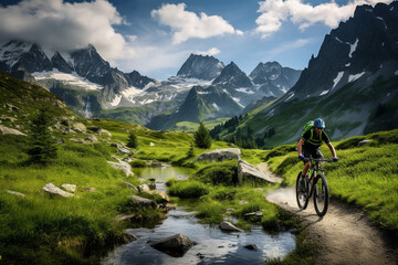 Bicycle ride in the mountains. Bike tour in the Alps. AI generated.