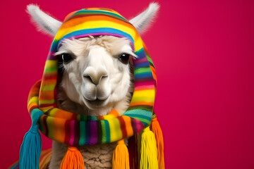 Studio portrait of an alpaca wearing knitted hat, scarf and mittens. Colorful winter and cold weather concept.