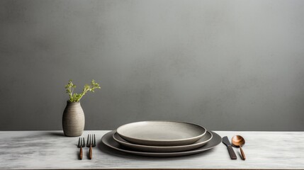 Table setting with different plates and cutlery on it - obrazy, fototapety, plakaty