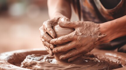 master works with clay with hands