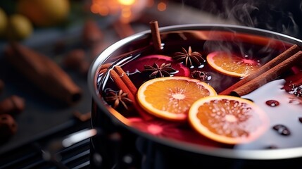 mulled wine cooking on the kitchen close up