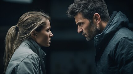 Couple arguing against a stormy gray background - obrazy, fototapety, plakaty