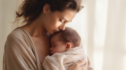 Fototapeta na wymiar mother hugging baby on warm beige background