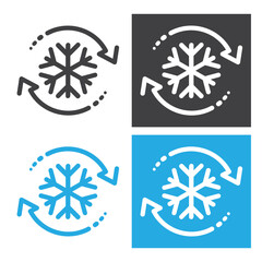 Freezer control icon, auto cooling or defrost, conditioning car or house, snowflake with two rotation arrows. - obrazy, fototapety, plakaty