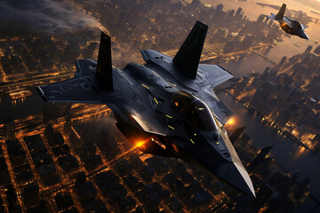 Military aircraft flies over the metropolis. AI generated. - obrazy, fototapety, plakaty