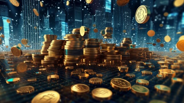 A digital representation of cryptocurrency trading, with digital coins. AI generated
