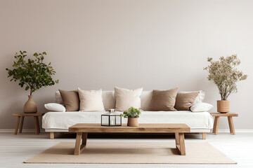 Living room interior in cozy Scandinavian and modern style decoration with sofa, wooden table and plant with empty wall copy space for mock up, minimal decor design concept.