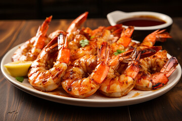 Grilled jumbo king shrimps, seafood restaurant dish with sauce. - obrazy, fototapety, plakaty