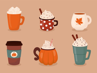 Set of coffee dessert drinks in mug, isolated in flat style. Pumpkin spice latte, tea, cappuccino with cream and zephyr.