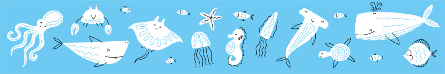 Vector collection of marine life hand-drawn in doodle style - obrazy, fototapety, plakaty