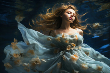  young woman, with long flowing hair and light dress, gracefully swimming underwater