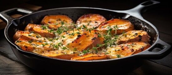 Close up of parmesan gratin with sweet potatoes in a cast iron skillet With copyspace for text